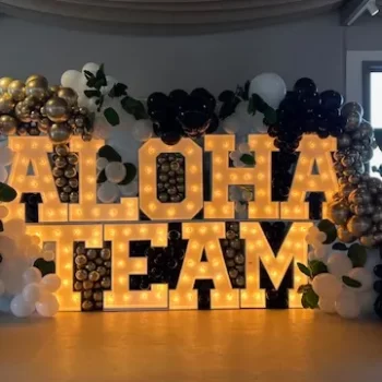 Party decorations with an aloha theme